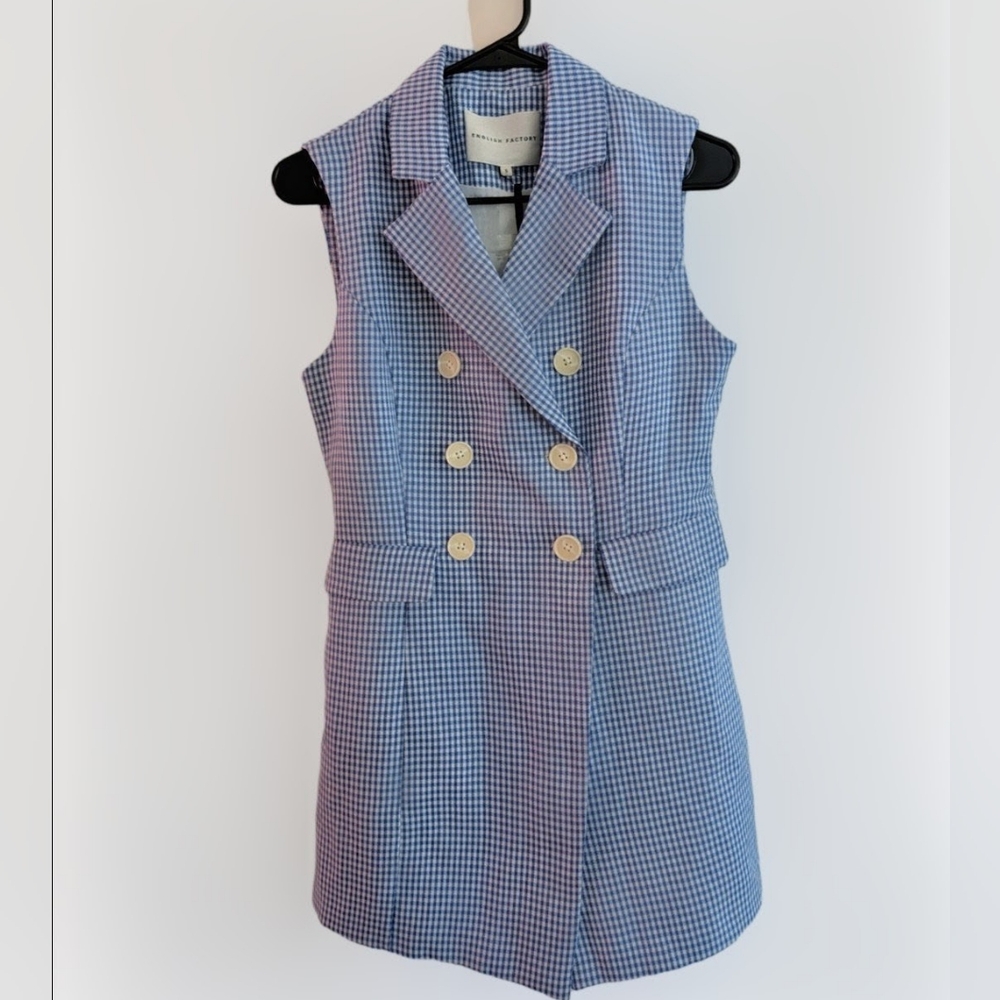 Women's English Factory Blue White Gingham Sleeveless Romper S - Picture 6 of 11